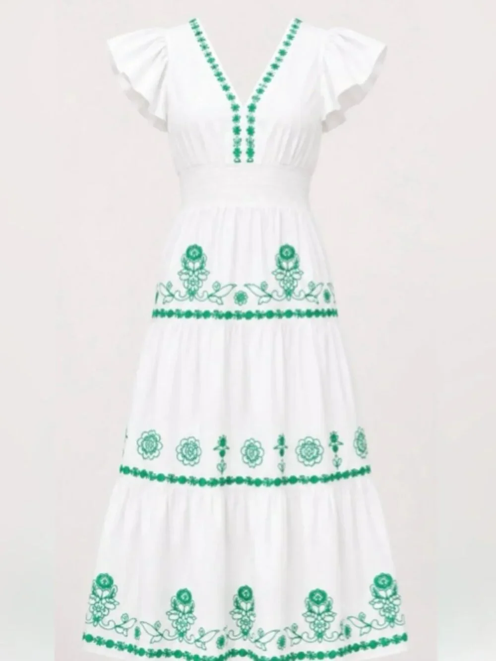 Adrianna Papell NWT Green White Embroidered Cotton Maxi Dress Boho Wedding Guest
